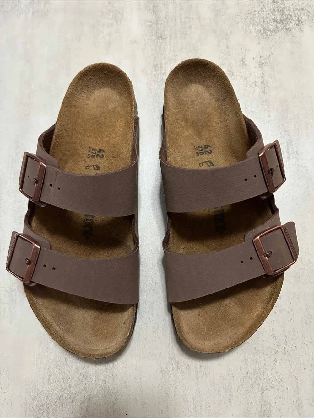 Birkenstock Men's Slide Sandals in Dark Brown (Mocha) with Copper Buckles